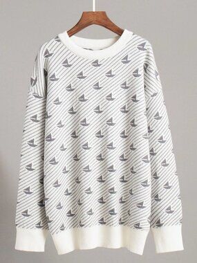 Sailboat Nautical Oversized Fit Crew Neck Long Sleeve Coastal Pullover Sweater